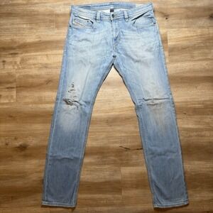 Diesel Thavar Jeans Men 33x32 Blue Slim Skinny Stretch Light Dirty Wash Distress